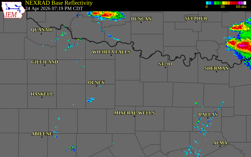 NEXRAD radar during the Friday, April 24, 2026 storm activity in Clay County, Texas