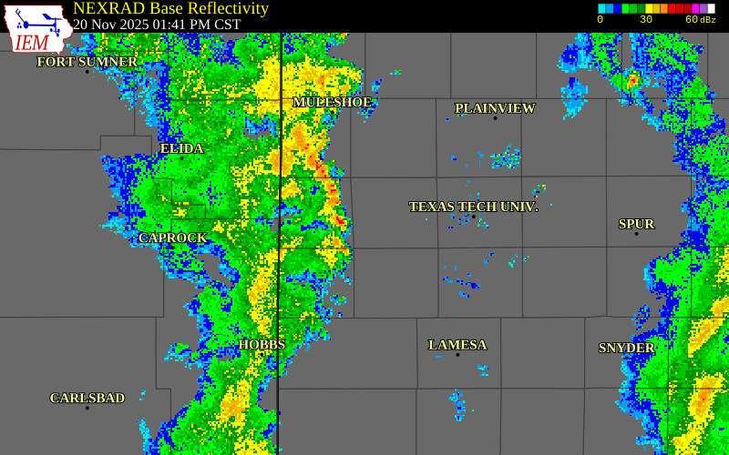 NEXRAD radar during the Thursday, November 20, 2025 storm activity in Cochran County, Texas