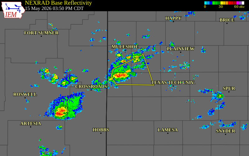 NEXRAD radar during the Friday, May 15, 2026 storm activity in Cochran County, Texas