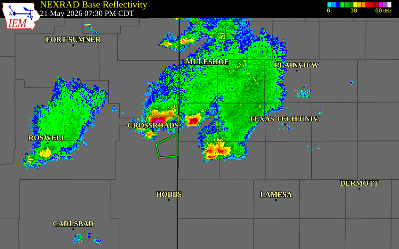 NEXRAD radar during the Thursday, May 21, 2026 storm activity in Cochran County, Texas