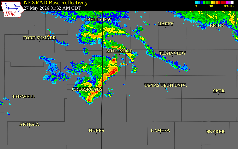 NEXRAD radar during the Wednesday, May 27, 2026 storm activity in Cochran County, Texas