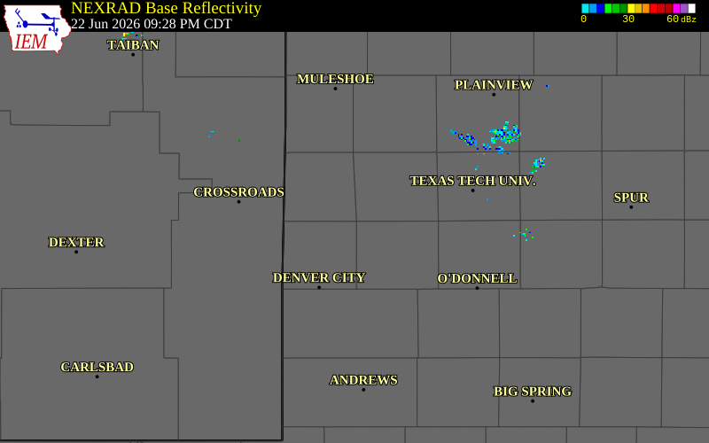 NEXRAD radar during the Monday, June 22, 2026 storm activity in Cochran County, Texas
