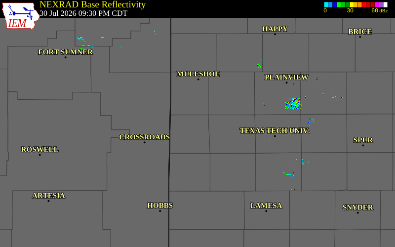 NEXRAD radar during the Thursday, July 30, 2026 storm activity in Cochran County, Texas