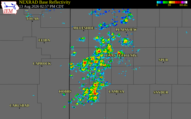 NEXRAD radar during the Thursday, August 13, 2026 storm activity in Cochran County, Texas