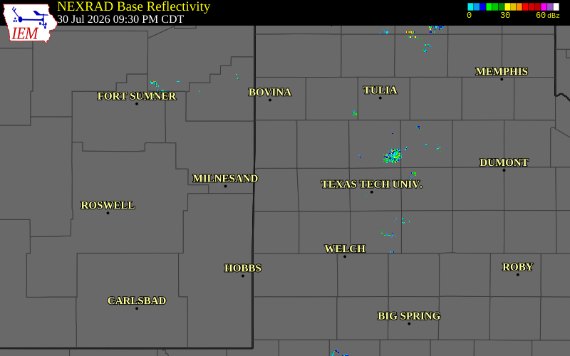 Radar snapshot during the Jul 30, 2026 wind event near 1 ENE Morton, Cochran County, Texas, with NWS warning polygons