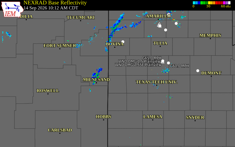 Current NEXRAD radar over Cochran County, Texas with recent storm report locations