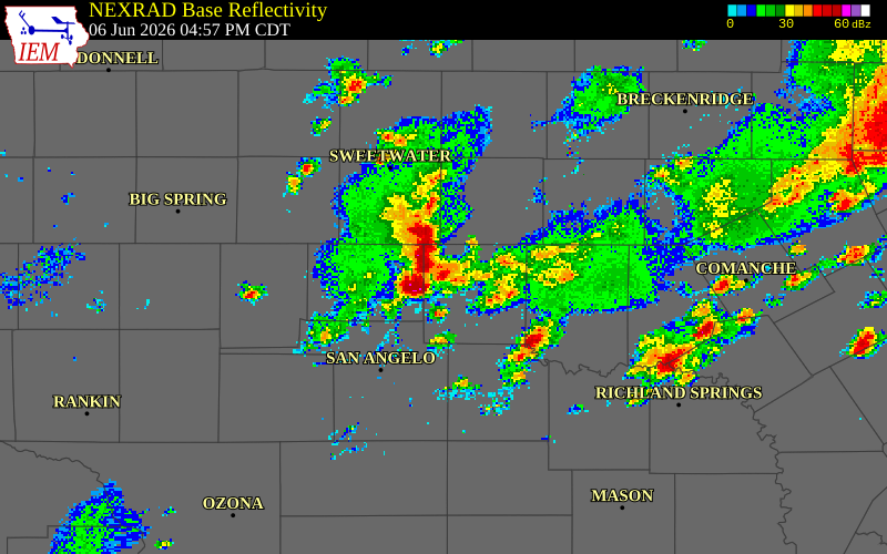 NEXRAD radar during the Saturday, June 6, 2026 storm activity in Coke County, Texas