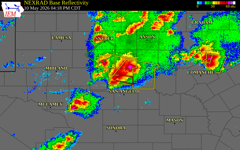 Radar snapshot during the May 10, 2026 hail event near 4 WNW Robert Lee, Coke County, Texas, with NWS warning polygons