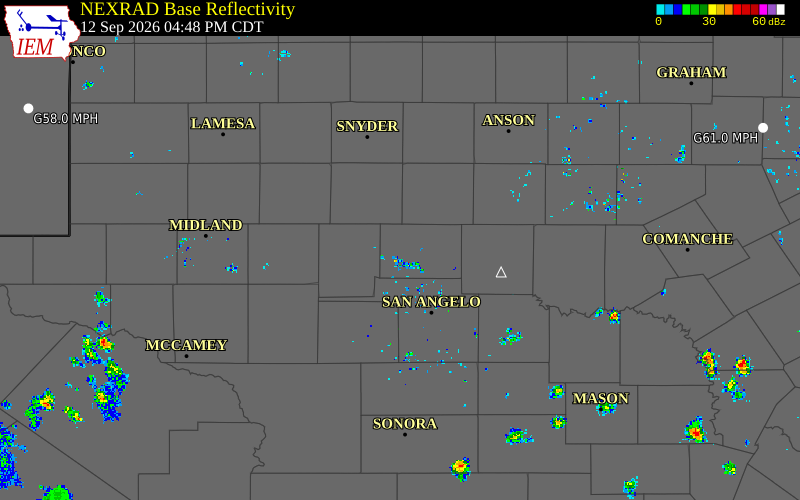 Current NEXRAD radar over Coke County, Texas with recent storm report locations