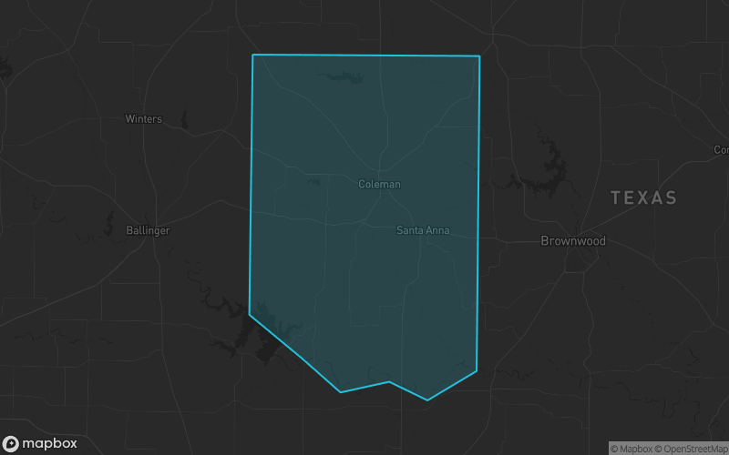 Map of Coleman County, Texas showing the county boundary and surrounding cities