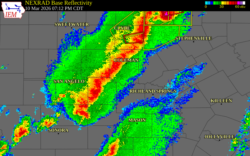 NEXRAD radar during the Tuesday, March 10, 2026 storm activity in Coleman County, Texas