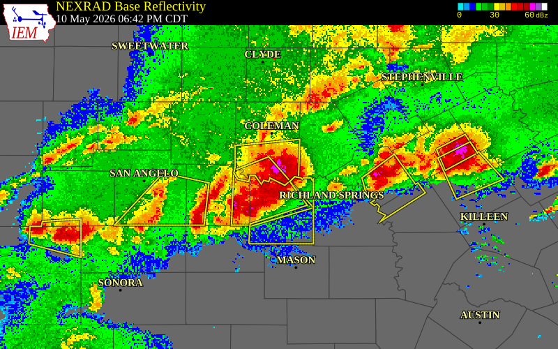 NEXRAD radar during the Sunday, May 10, 2026 storm activity in Coleman County, Texas