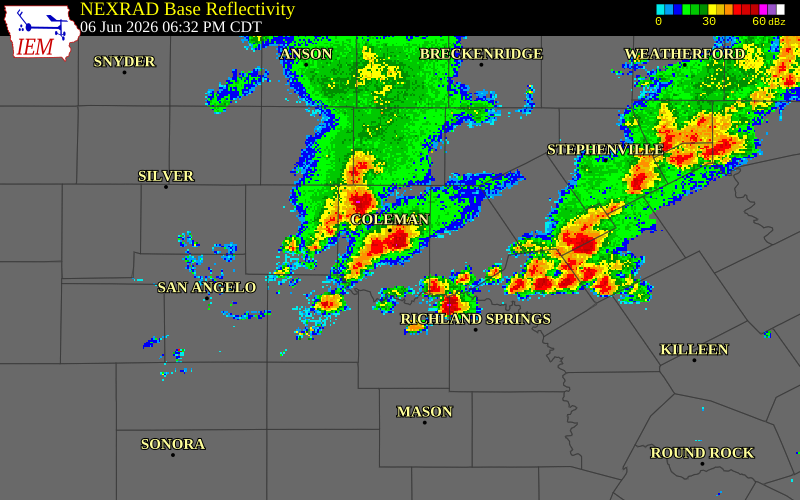 NEXRAD radar during the Saturday, June 6, 2026 storm activity in Coleman County, Texas