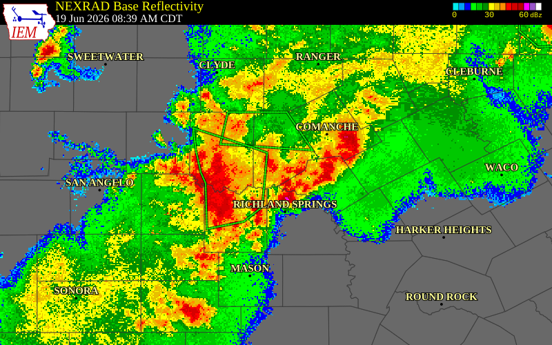 NEXRAD radar during the Friday, June 19, 2026 storm activity in Coleman County, Texas