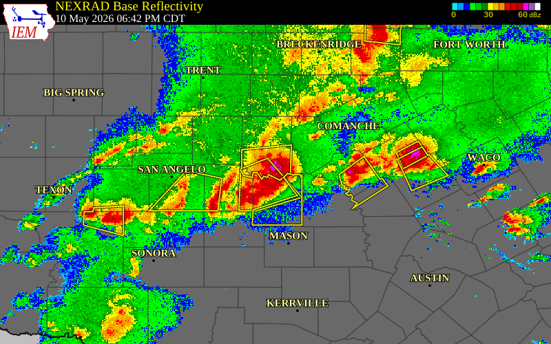 Radar snapshot during the May 10, 2026 hail event near Rockwood, Coleman County, Texas, with NWS warning polygons