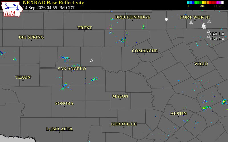 Current NEXRAD radar over Coleman County, Texas with recent storm report locations