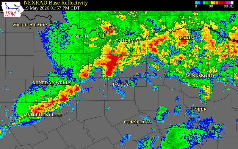 NEXRAD radar during the Tuesday, May 19, 2026 storm activity in Collin County, Texas