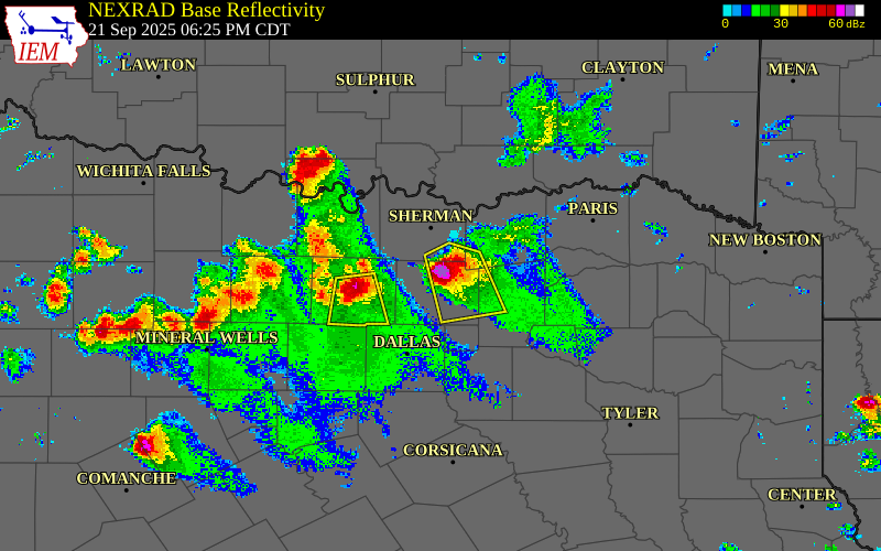 Radar snapshot during the Sep 21, 2025 hail event near 2 NE Melissa, Collin County, Texas, with NWS warning polygons