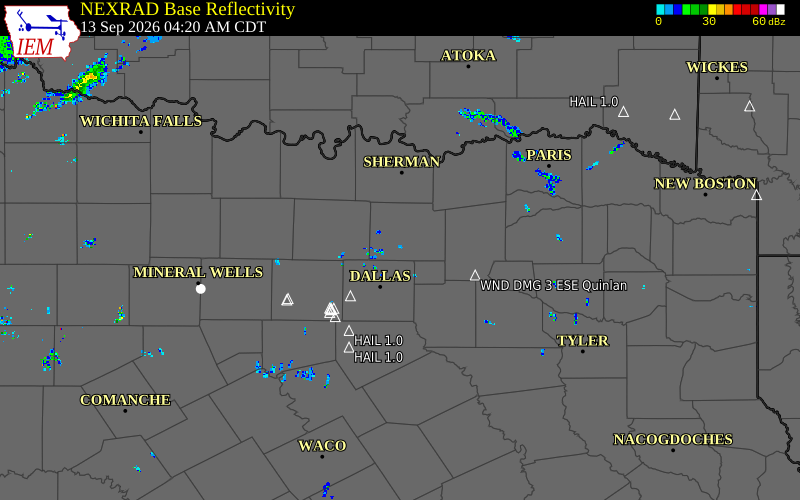 Current NEXRAD radar over Collin County, Texas with recent storm report locations