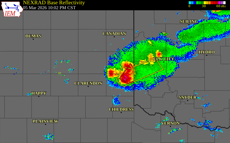 NEXRAD radar during the Thursday, March 5, 2026 storm activity in Collingsworth County, Texas