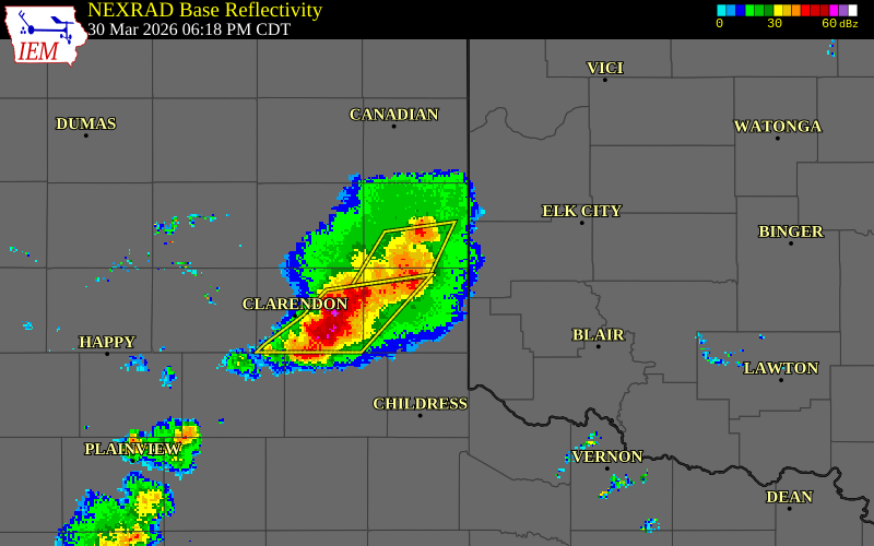 NEXRAD radar during the Monday, March 30, 2026 storm activity in Collingsworth County, Texas