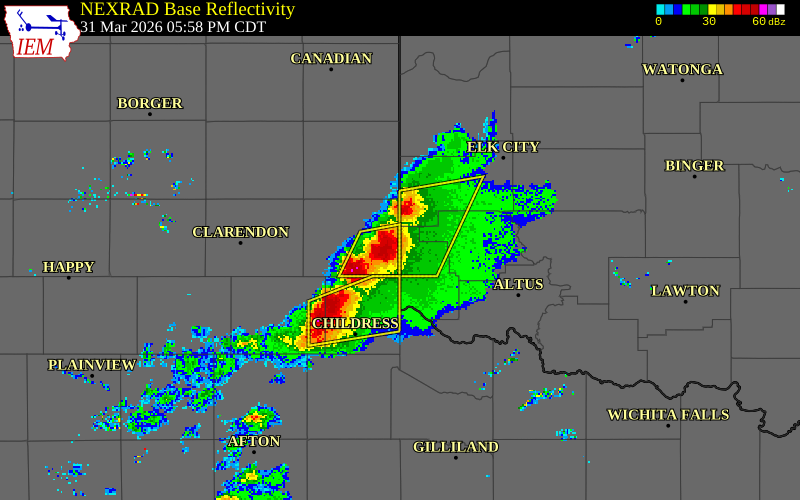 NEXRAD radar during the Tuesday, March 31, 2026 storm activity in Collingsworth County, Texas