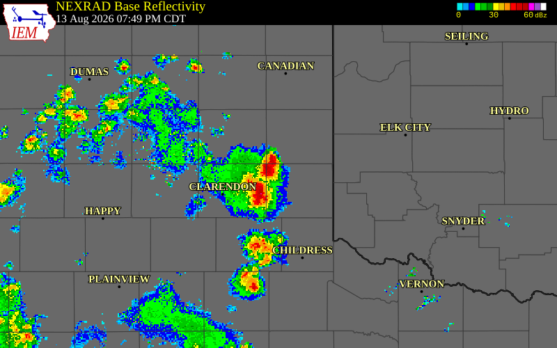 NEXRAD radar during the Thursday, August 13, 2026 storm activity in Collingsworth County, Texas