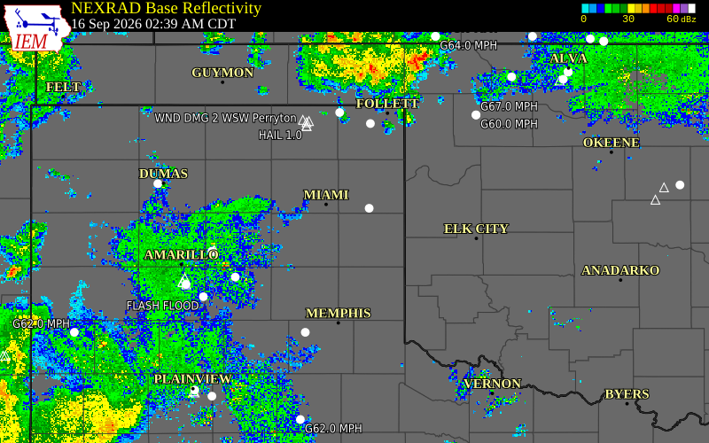 Current NEXRAD radar over Collingsworth County, Texas with recent storm report locations