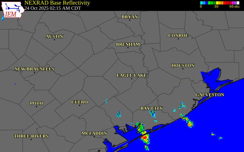 NEXRAD radar during the Friday, October 24, 2025 storm activity in Colorado County, Texas