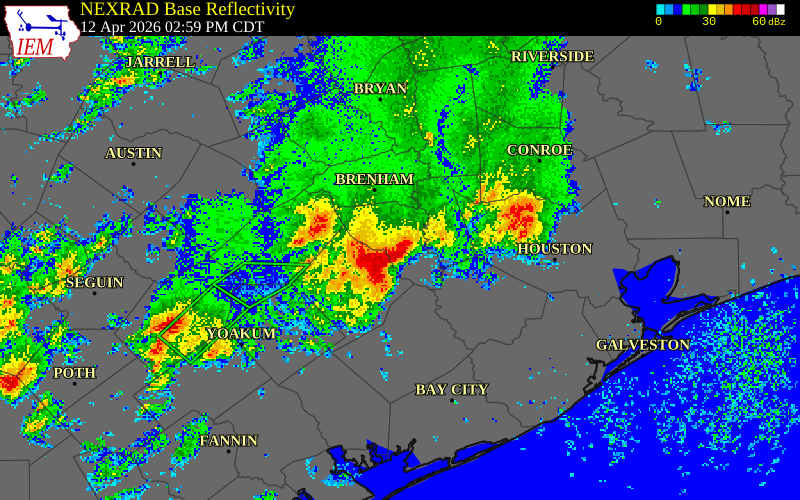 NEXRAD radar during the Sunday, April 12, 2026 storm activity in Colorado County, Texas
