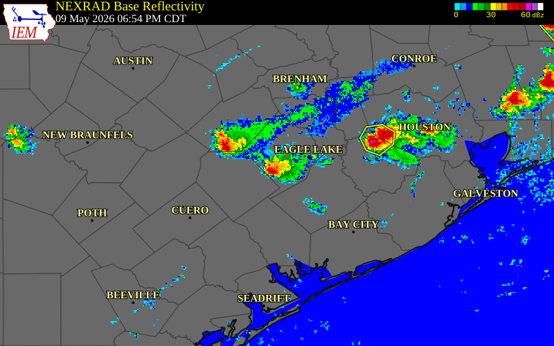 NEXRAD radar during the Saturday, May 9, 2026 storm activity in Colorado County, Texas