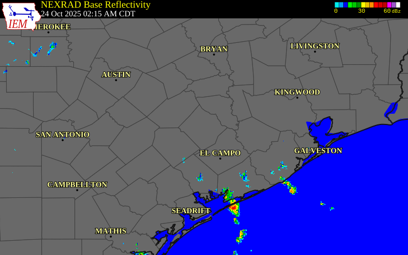 Radar snapshot during the Oct 24, 2025 wind event near 5 SSE Columbus, Colorado County, Texas, with NWS warning polygons