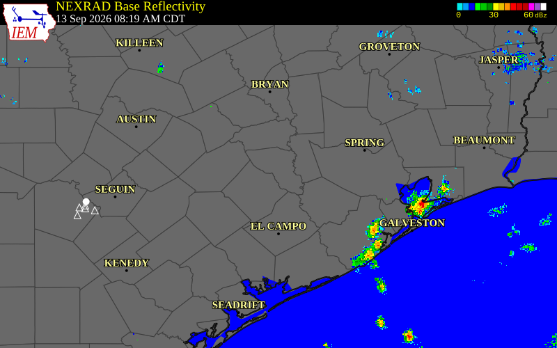 Current NEXRAD radar over Colorado County, Texas with recent storm report locations