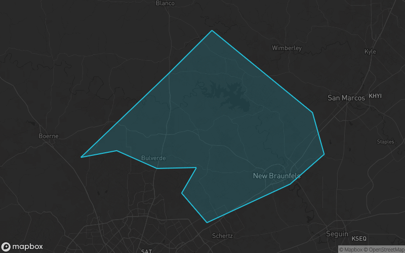 Map of Comal County, Texas showing the county boundary and surrounding cities