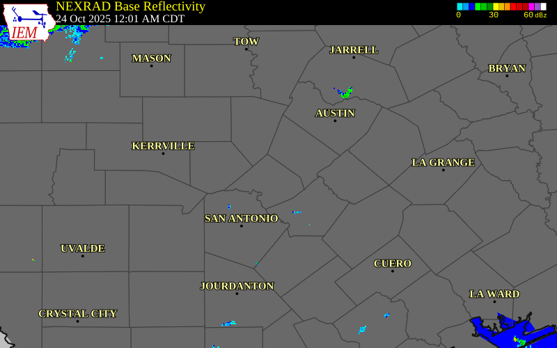 NEXRAD radar during the Friday, October 24, 2025 storm activity in Comal County, Texas