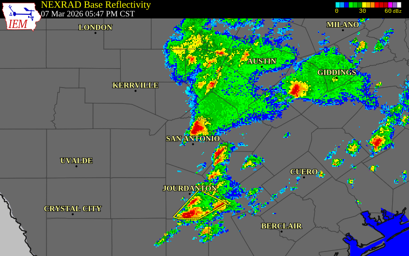 NEXRAD radar during the Saturday, March 7, 2026 storm activity in Comal County, Texas