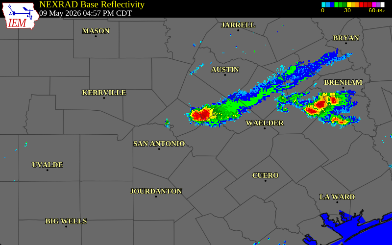 NEXRAD radar during the Saturday, May 9, 2026 storm activity in Comal County, Texas