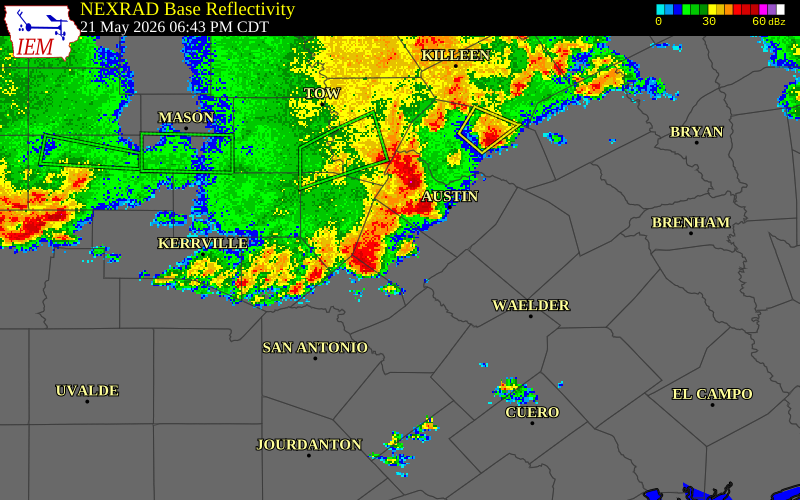 NEXRAD radar during the Thursday, May 21, 2026 storm activity in Comal County, Texas