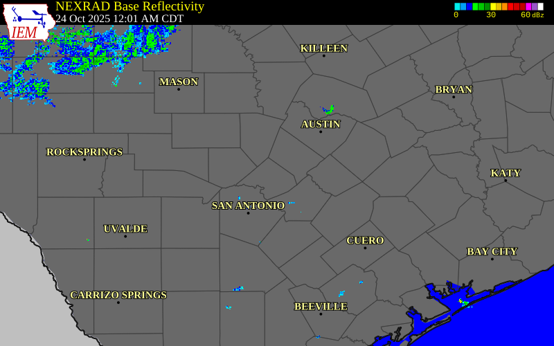 Radar snapshot during the Oct 24, 2025 wind event near 3 E Canyon Lake, Comal County, Texas, with NWS warning polygons