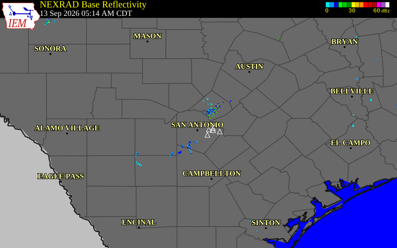 Current NEXRAD radar over Comal County, Texas with recent storm report locations