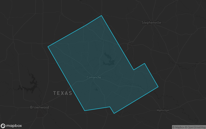 Map of Comanche County, Texas showing the county boundary and surrounding cities