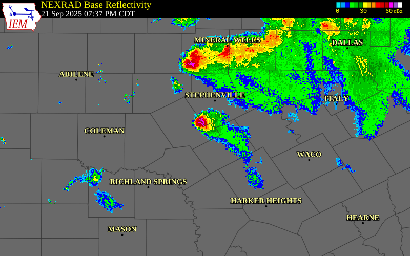 NEXRAD radar during the Sunday, September 21, 2025 storm activity in Comanche County, Texas