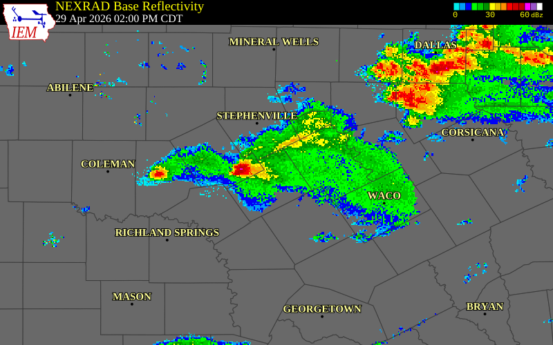 NEXRAD radar during the Wednesday, April 29, 2026 storm activity in Comanche County, Texas