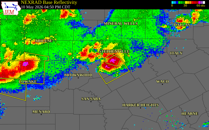 NEXRAD radar during the Sunday, May 10, 2026 storm activity in Comanche County, Texas