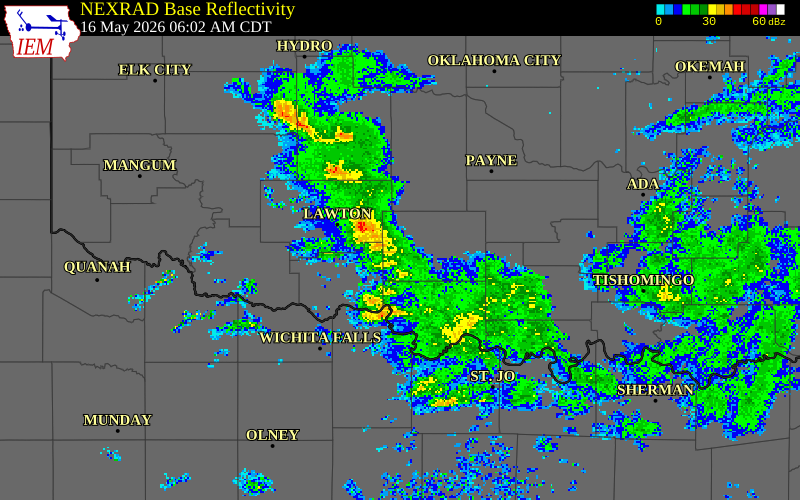 NEXRAD radar during the Saturday, May 16, 2026 storm activity in Comanche County, Texas