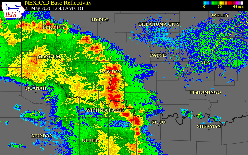 NEXRAD radar during the Saturday, May 23, 2026 storm activity in Comanche County, Texas