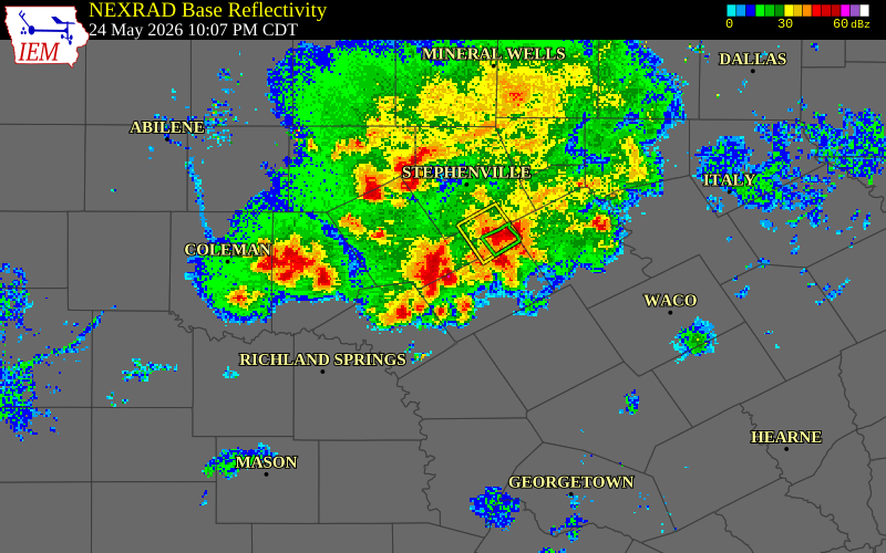 NEXRAD radar during the Sunday, May 24, 2026 storm activity in Comanche County, Texas