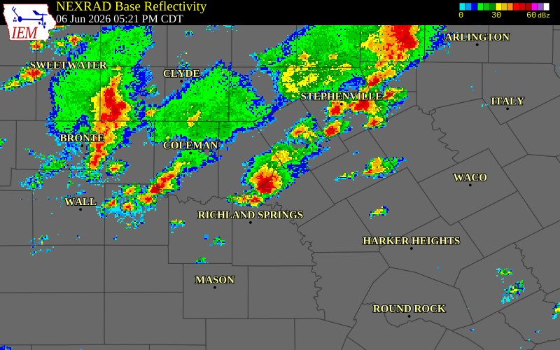 NEXRAD radar during the Saturday, June 6, 2026 storm activity in Comanche County, Texas