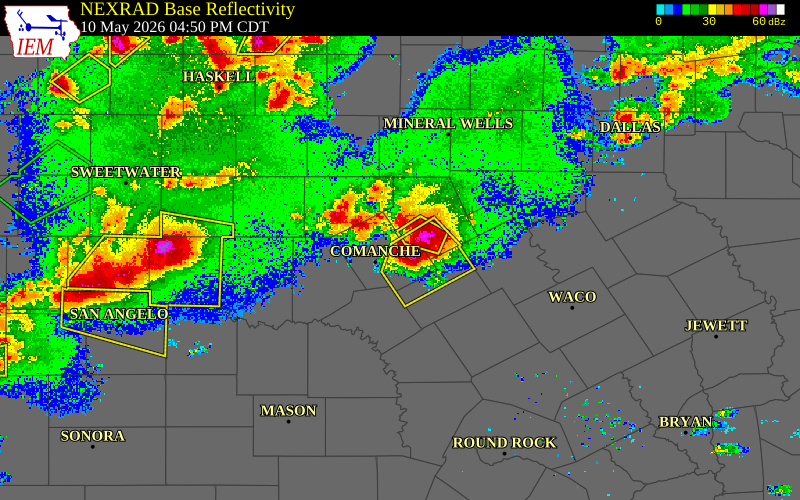 Radar snapshot during the May 10, 2026 hail event near 9 SW Dublin, Comanche County, Texas, with NWS warning polygons