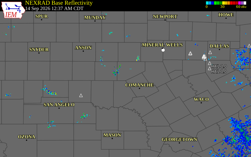 Current NEXRAD radar over Comanche County, Texas with recent storm report locations
